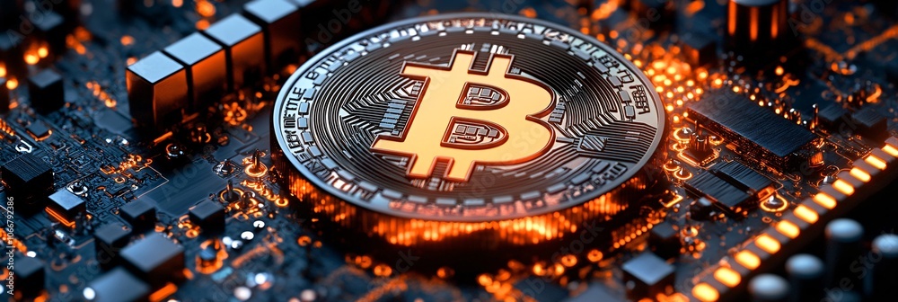 Poster Close-up of a digital screen displaying 3D bar charts and cryptocurrency trends, representing the integration of modern technology in finance with empty space for text