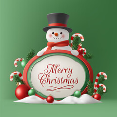 A festive 3D Merry Christmas banner with snowman on a podium with candy canes, balls and seasonal frame decorations in red and green. Perfect for holiday greetings, posters, or cards. Not AI.