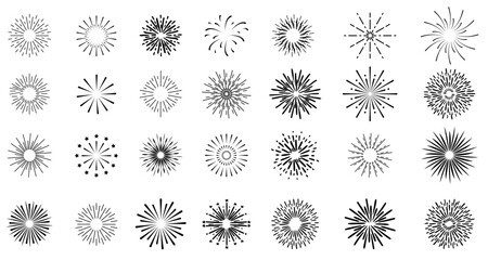 Vector set of retro style geometric shine icons, black circles isolated on white background, rays of explosions.