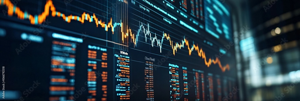 Poster Professional analyzing a digital dashboard with cryptocurrency icons, real-time stock data, and global trends, representing innovation in financial strategy with empty space for text
