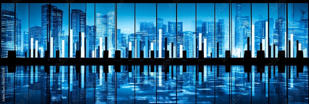 Poster executives in a sleek boardroom with screens showing financial projections and investment growth, sy
