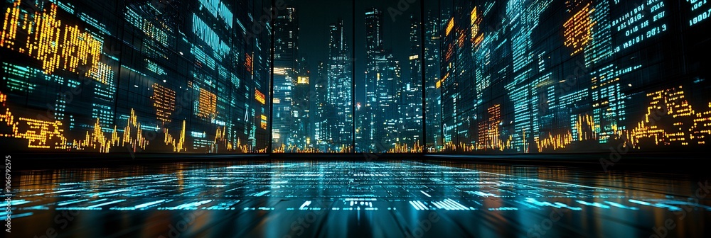 Aufkleber Wide shot of a conference room with large screens displaying financial reports and blockchain networks, illustrating strategic planning in a tech-forward environment with empty space for text