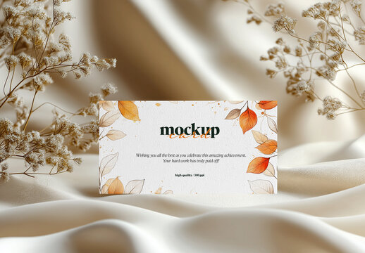 Autumn Wedding Invitation Mockup &ndash; Elegant Card on Cream Silk Fabric with Dried Flowers and Soft Golden Lighting for Romantic Stationery Presentation