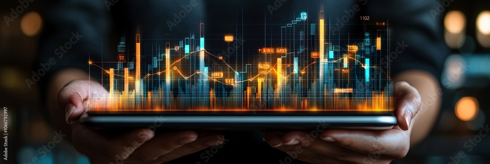 Poster close-up of hands holding a smartphone and a laptop, both displaying complex financial charts and di