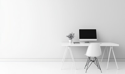Minimalist white office interior with blank wall mockup, desk and computer on it, chair in front of the table modern home decor, interior design concept