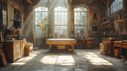 Sunbeams Illuminating an Industrial Workshop with Woodworking Tools