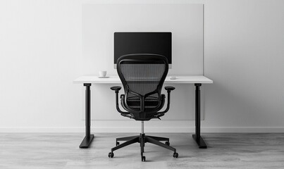 Minimalist white office interior with blank wall mockup, desk and computer on it, chair in front of the table modern home decor, interior design concept