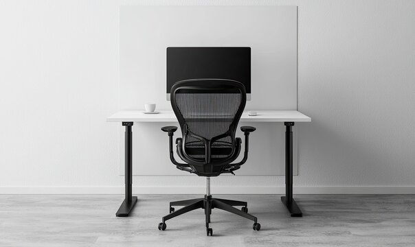 Minimalist white office interior with blank wall mockup, desk and computer on it, chair in front of the table modern home decor, interior design concept