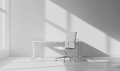 Modern white office interior with a minimalist desk and chair on an empty wall background, a mockup for a work space design or business concept