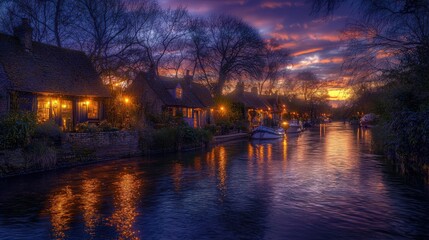 Fototapeta premium A serene twilight scene of a riverside village, featuring cozy cottages and reflections on the water under a colorful sunset.