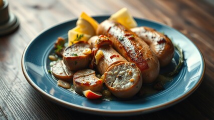High-Resolution Double Exposure of Bratwurst on Plate Isolated on White Background for Culinary Photography