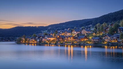 Fototapeta premium A serene lakeside village at dusk, illuminated by warm lights, reflecting on calm waters surrounded by hills.