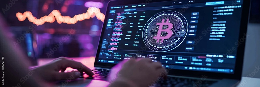 Poster Close-up of hands using a calculator with cryptocurrency data and market projections on a laptop screen, symbolizing financial planning in the digital era with empty space for text
