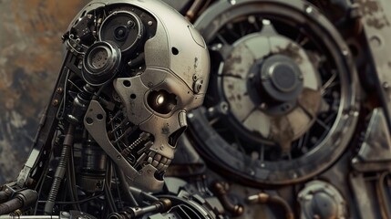 Fototapeta premium Close-up of a Futuristic Robot with Mechanical Skull and Geared Body