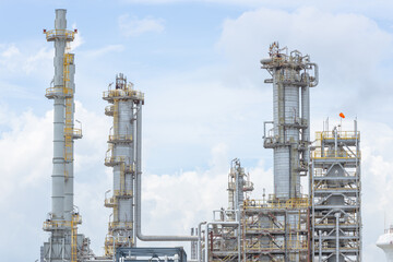 Fuel oil and gas petroleum building with distillation columns, Crude oil refinery process plant large construction complex building in petrochemical industrial.