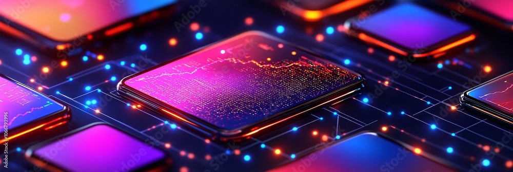 Poster Modern financial workspace with tablets and laptops displaying cryptocurrency data, stock market trends, and blockchain symbols, representing the fusion of finance and technology with empty space for
