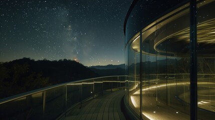 Naklejka premium Modern circular building with glass walls is illuminated at night, offering a breathtaking view of the starry night sky and the surrounding mountains