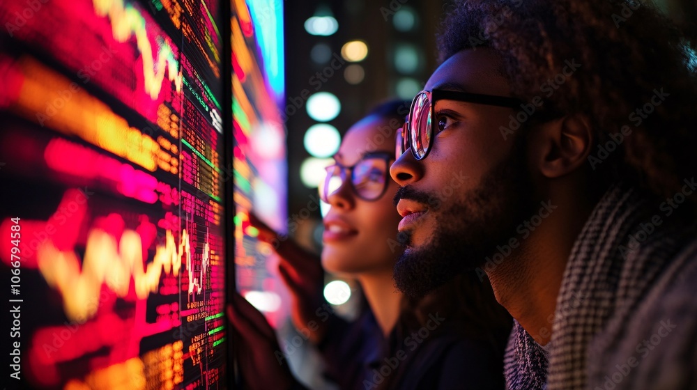 Aufkleber Team of diverse business professionals collaborating on a financial growth strategy with screens showing global stock market trends and blockchain technology with empty space for text
