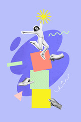 Composite trend artwork sketch photo collage of gesture wrist hand hold cube colorful fragment silhouette young lady high jump sun