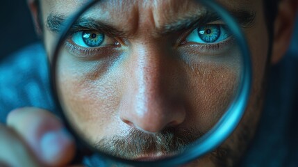 Intense blue-eyed man examining with magnifying glass, focused look, mystery theme, close-up inspection, search, detective, detail observation, curiosity, inquisitive
