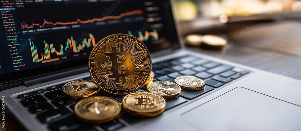 Poster Close-up of futuristic graphs and data on a laptop screen with cryptocurrency symbols, representing the blend of technology and finance for modern investors with empty space for text