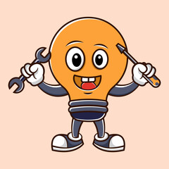 Idea Character Illustration with Light Bulb Symbol Holding a tool