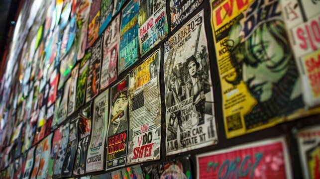 Wall covered in vibrant punk rock posters promoting bands and events, showcasing grunge, vintage, and alternative designs in an underground music scene