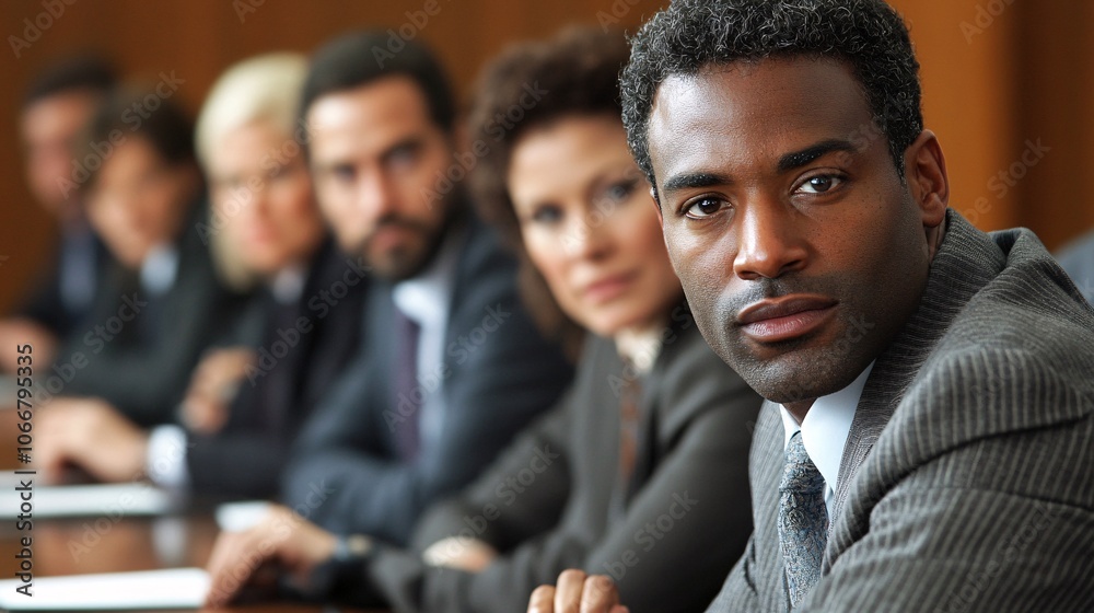 Poster a team meeting with diverse professionals discussing a financial report, investment strategies, and 