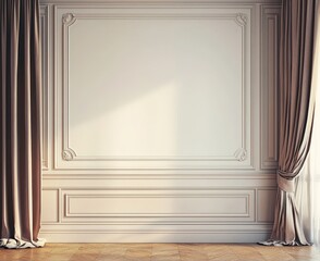 Pearl white wall paneling and light brown curtains in a vintage design interior, perfect for classic homes.