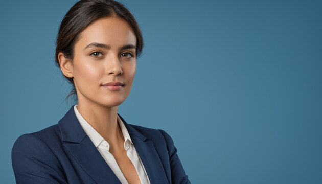 Portrait adulte femme employ&eacute;e souriante fond bleu entretien embauche.