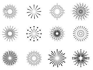 Vector set of retro style geometric shine icons, black circles isolated on white background, rays of explosions.