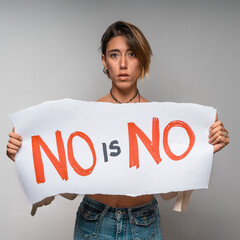 Young activist person holding sign protest awareness consent campaign message strong statement...