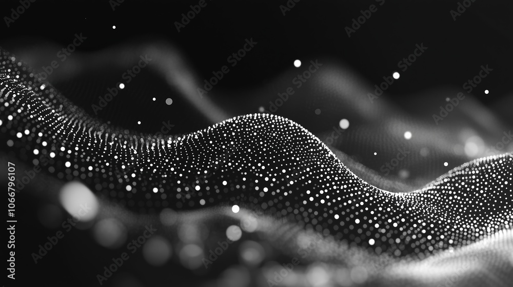 Poster abstract digital wave pattern in monochrome showcasing dynamic movement and depth with shimmering pa
