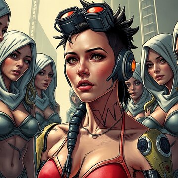 A girl in a bikini surrounded by 10 women in a burqua and a total black tunic, even the face, who look at her with suspicion, the situation in cyberpunk style