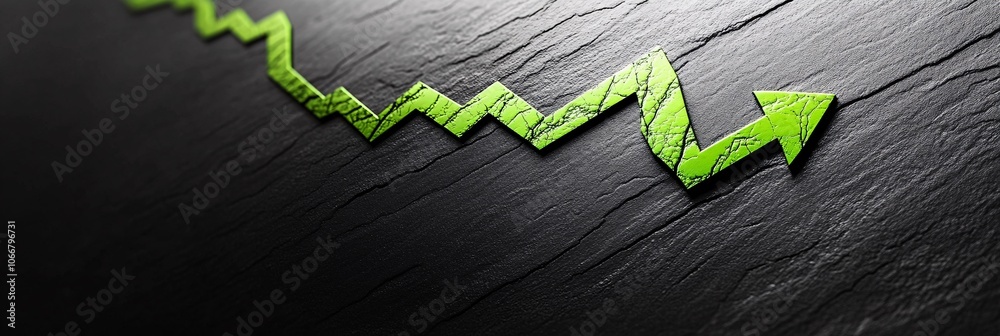 Poster Financial chart with bright green upward arrow on a sleek black background symbolizing business growth and prosperity in a professional style with side empty space for text
