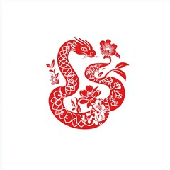 Obraz premium The zodiac sign is a snake carved from red paper on a white background.