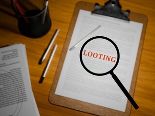 3D rendered "LOOTING" in bold red text under a magnifying glass on a clipboard paper, 3D rendered on a table.
