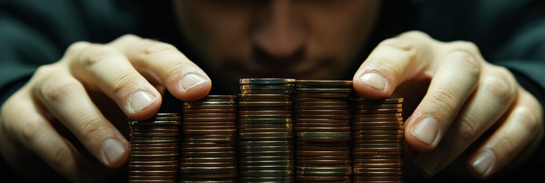 Close-up of hands holding stacked coins against a dark background representing wealth accumulation and steady financial growth with side empty space for text