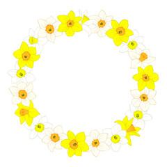 Round frame of daffodils or narcissus isolated on white. Yellow and white cartoon flowers, chaplet of circle shape. Vector clipart, empty template for Easter and spring floral design or greeting card.