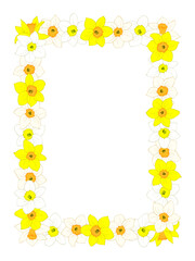 Rectangular frame of daffodils or narcissus isolated on white. Yellow and white cartoon flowers, border of rectangle shape. Vector clipart, empty template for Easter and spring design, greeting card.