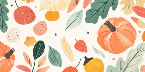Thanksgiving Card with Autumn Harvest: Bright acorns, leaves, and pumpkins in a warm, festive card design