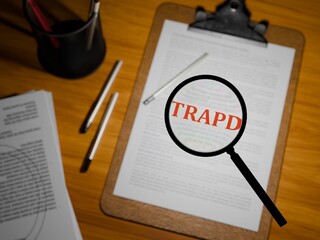 3D rendered "TRAPD" in bold red text under a magnifying glass on a clipboard paper, 3D rendered on a table.