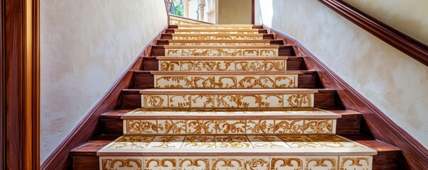 Elegant Stairs with Gold-Ivory Tiles to a Historic Villa.
