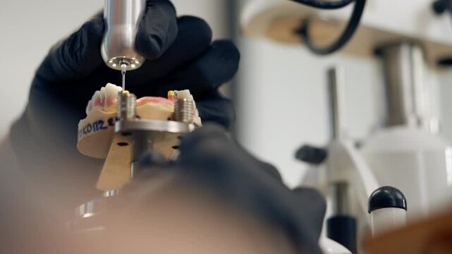 close up professional laboratory for the production of dental protoses veneers and crowns a specialist adjusts a crown to the shape of a person's jaw gums professional equipment