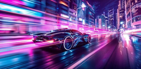 Fototapeta premium Futuristic sports car racing through a neon-lit cityscape with dramatic light trails in pink and blue, creating a cyberpunk aesthetic with motion blur effects