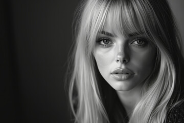 Naklejka premium A black and white photo of a woman with long blonde hair