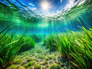 Naklejka premium Tranquil underwater scene featuring vibrant green plants contrasting against shimmering blue waters, perfect for capturing the serene beauty of nature through photography.
