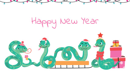 Cartoon snakes new year style. Funny snake wear santa claus hat, gift boxes and garlands. Winter holiday banner poster card, vector design