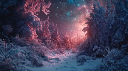 Obraz premium Fairy forest covered with snow in a moon light. Milky way in a magic sky. Christmas cold winter night.