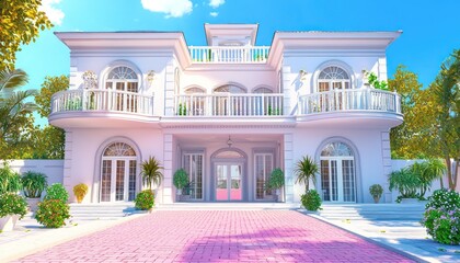 Summer day view of a home with pink driveway, white walls, and two balconies.